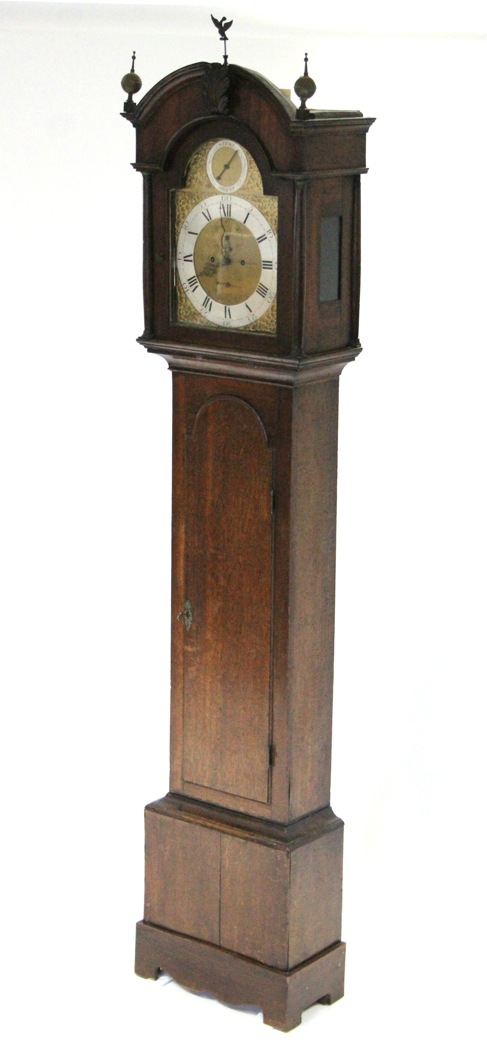 A late 18th century longcase clock, the 12” brass & silvered dial with “strike/silent” dial to the