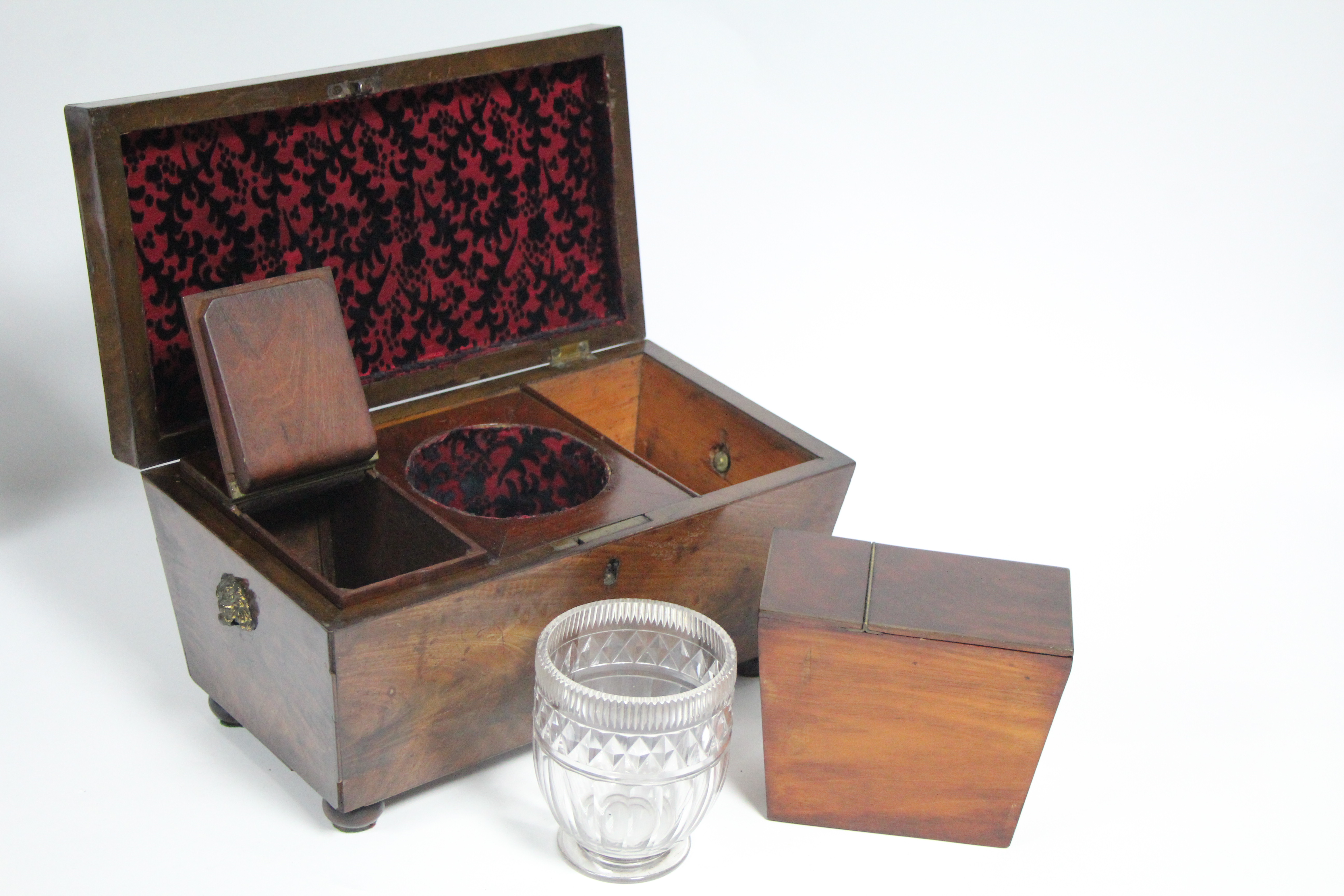 A regency figured mahogany rectangular tea caddy with tapered sides, brass lion-mask & ring side - Image 2 of 5