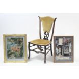 An Edwardian beech occasional chair; & two embroidered pictures.