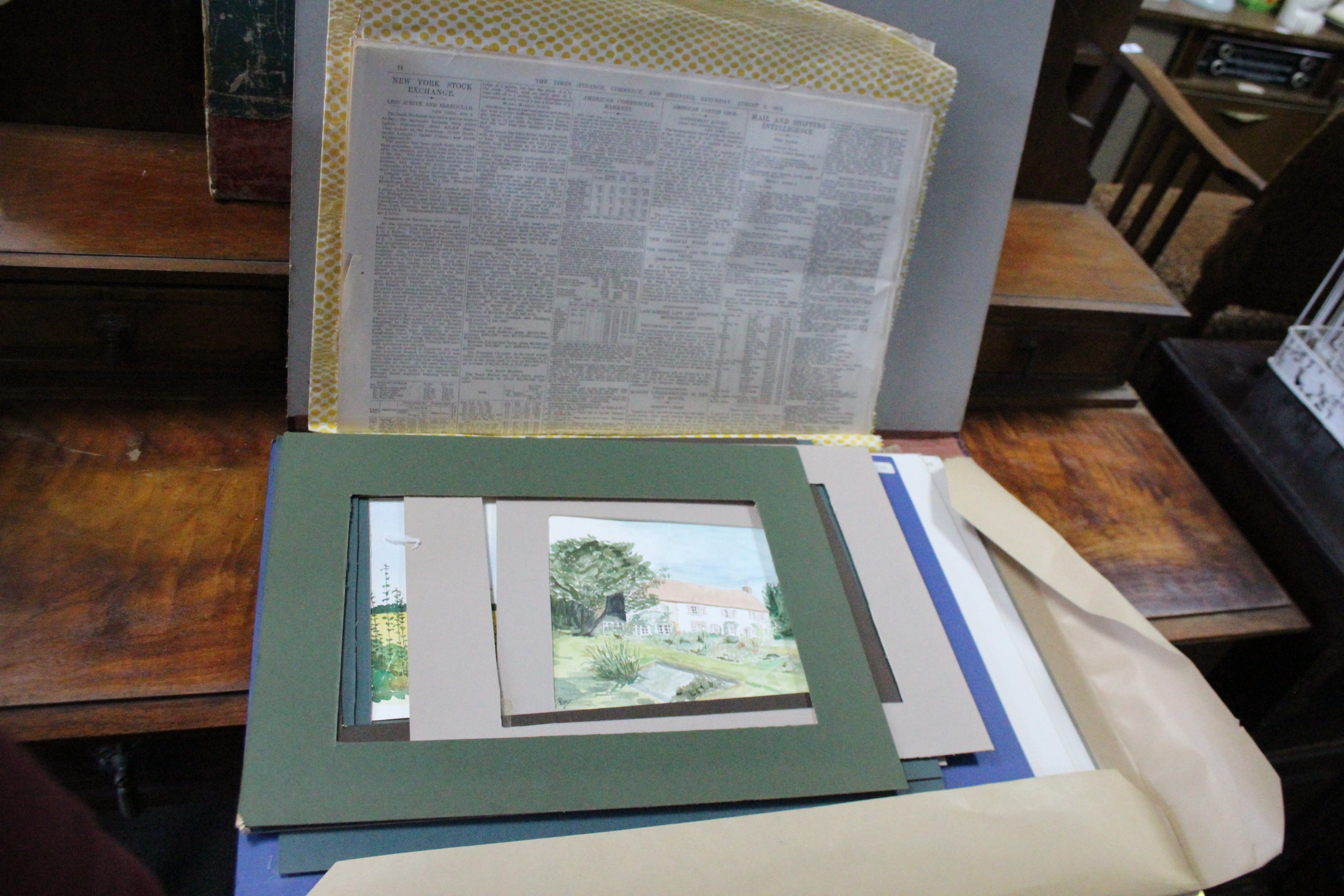 Two folios containing various decorative paintings & vintage newspapers; together with various other - Image 2 of 9