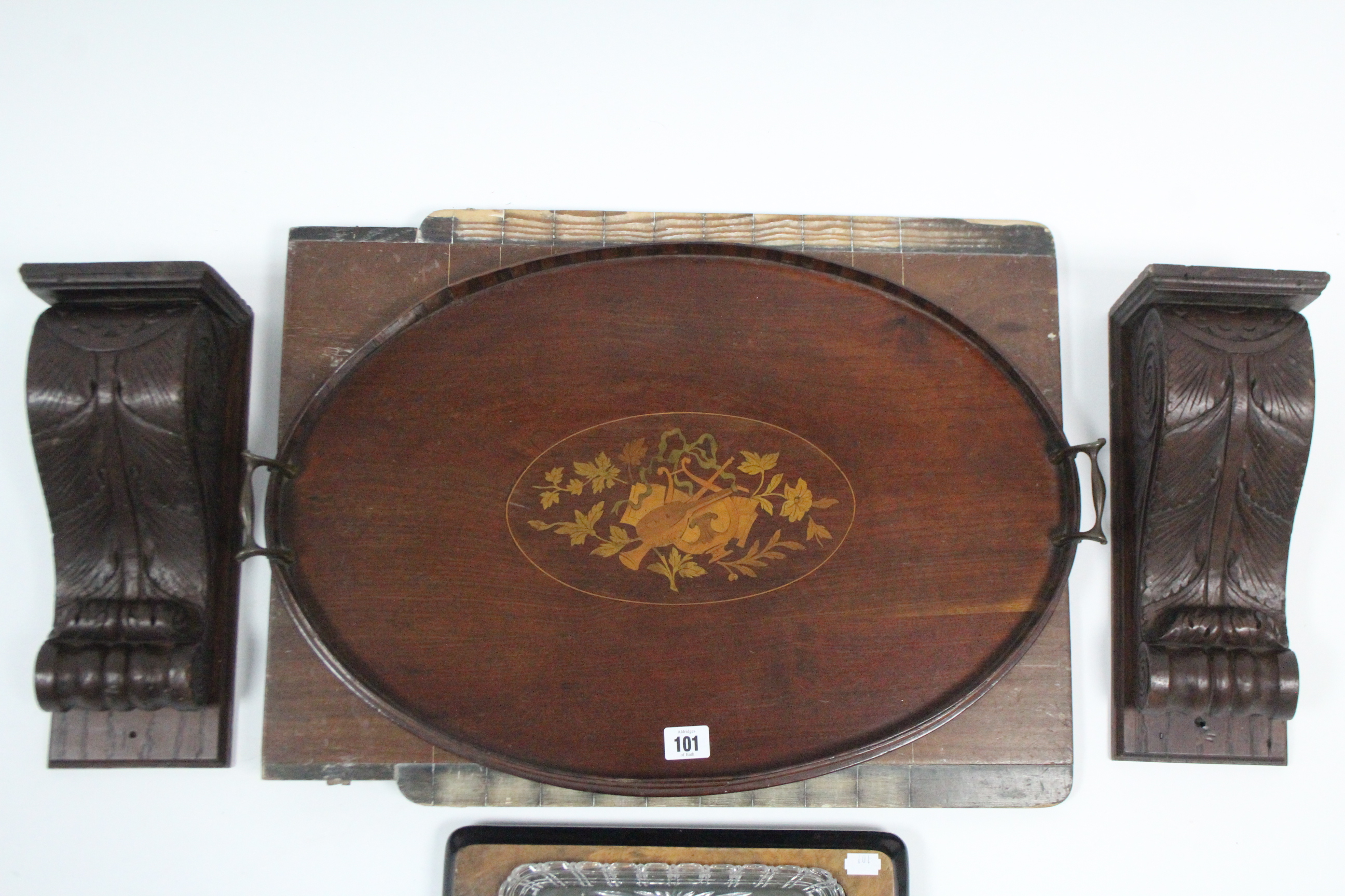 A 19th century marquetry-inlaid mahogany oval two-handled tea tray, 22½” x 15”; a Victorian walnut - Image 2 of 5