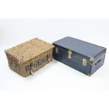 A Wicker hamper, 29½” wide; & a blue fibre covered travelling trunk, 36” wide.