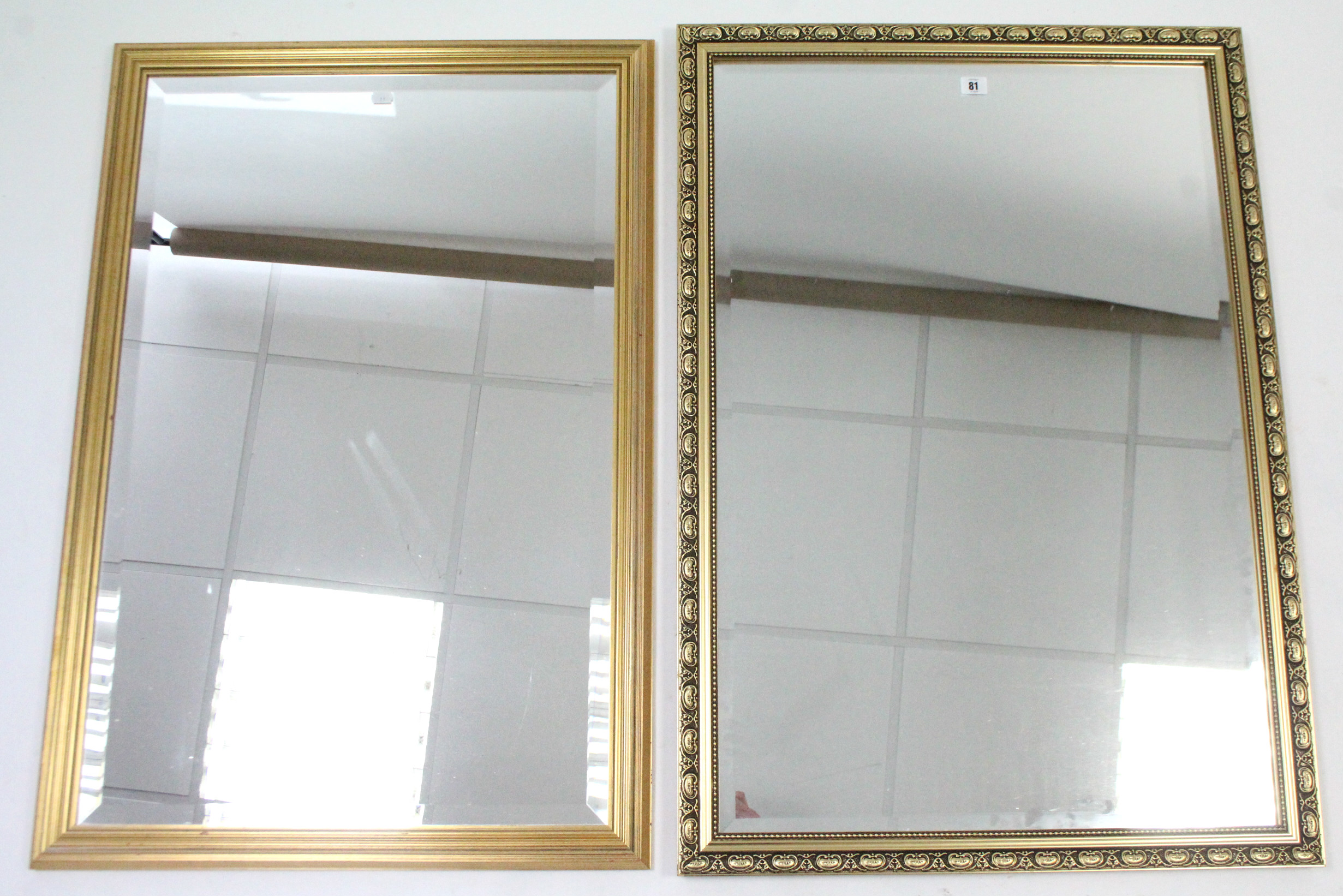 Two large gilt frame rectangular wall mirrors each inset bevelled plate, 38” x 26½”, & 37” x 25¼”.