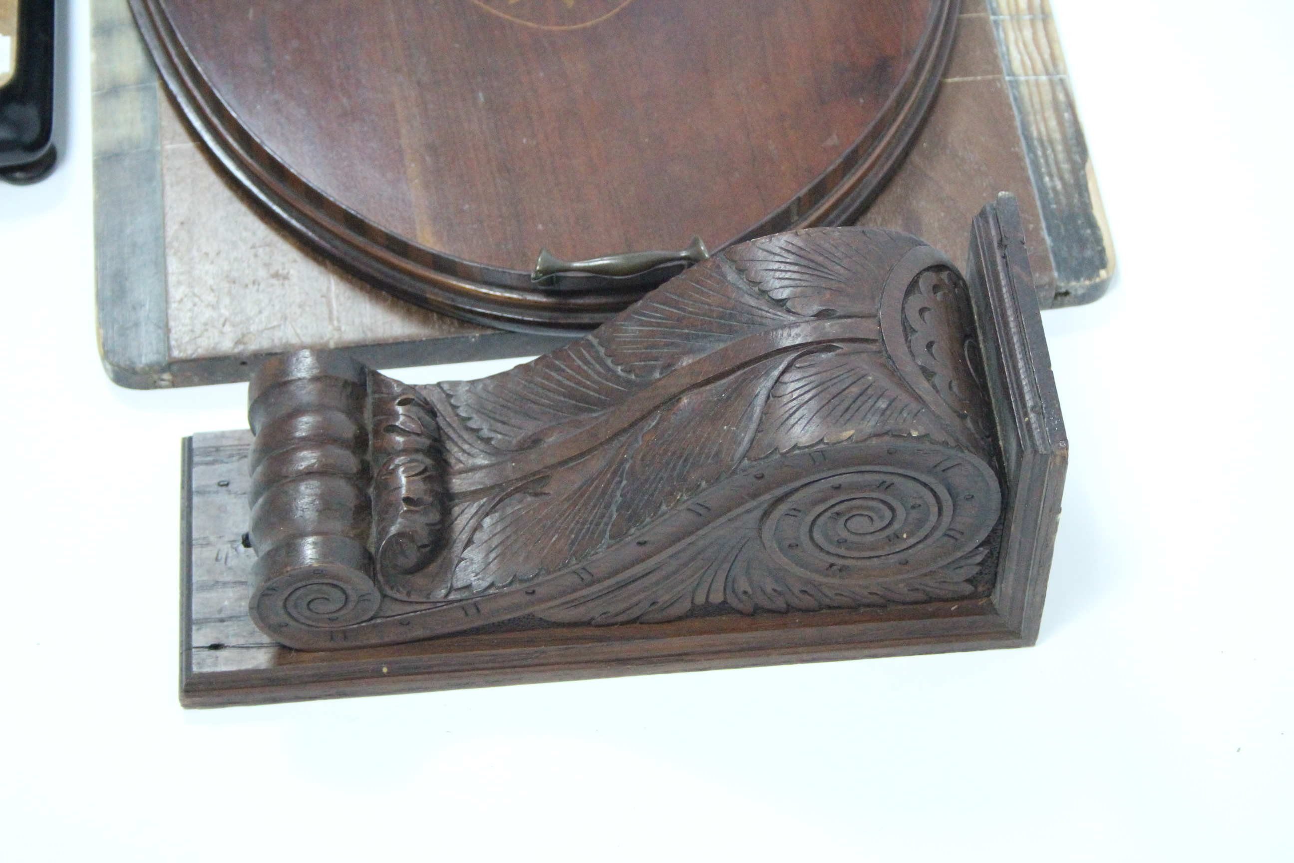 A 19th century marquetry-inlaid mahogany oval two-handled tea tray, 22½” x 15”; a Victorian walnut - Image 4 of 5