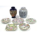 A Chinese blue & white ginger jar; a Japanese ovoid vase; & five Famille rose dishes.