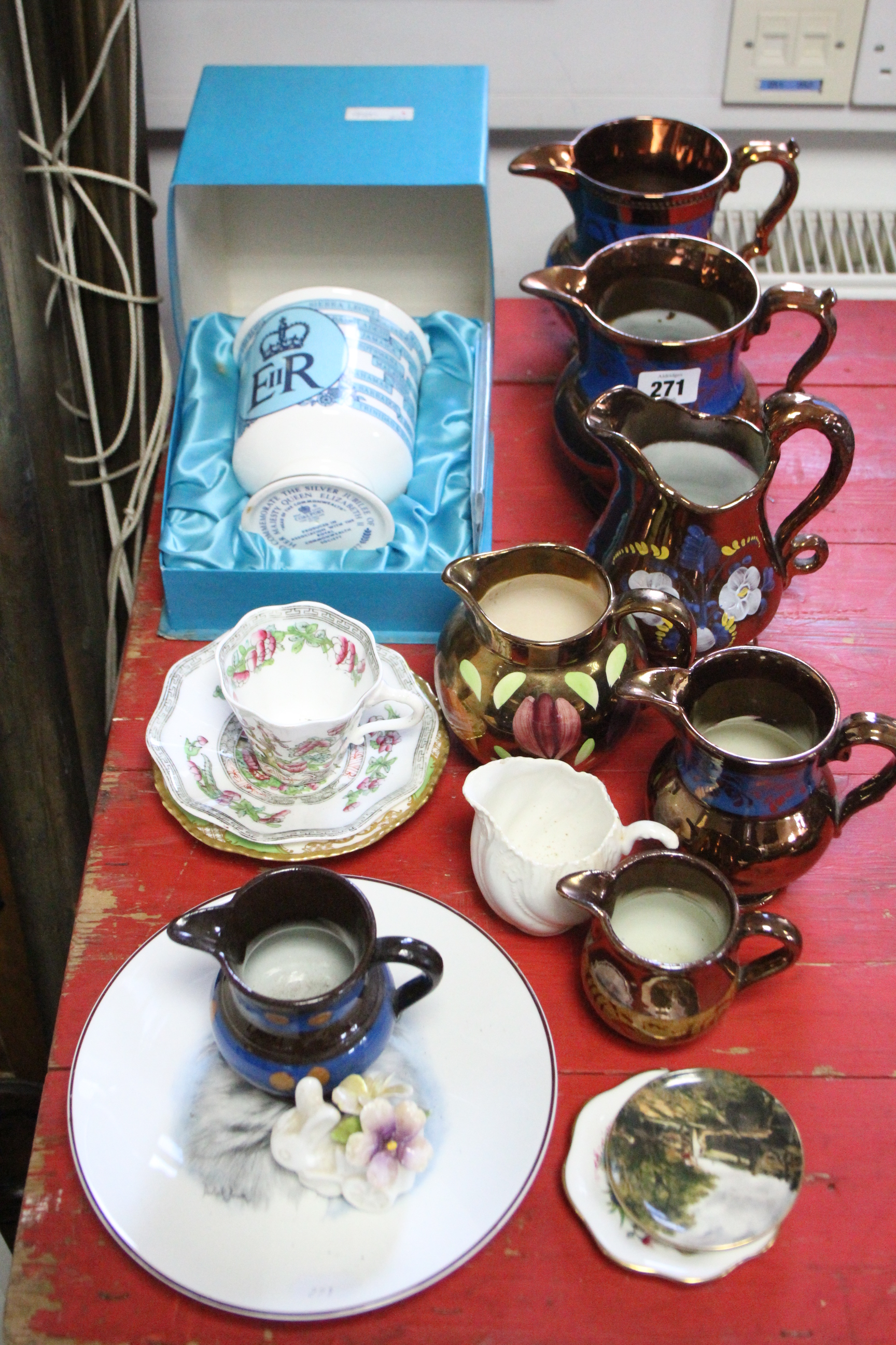 Seven various late 19th century copper lusterware jugs; & various Coalport blue china ornaments,