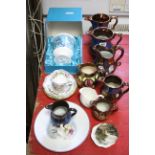 Seven various late 19th century copper lusterware jugs; & various Coalport blue china ornaments,