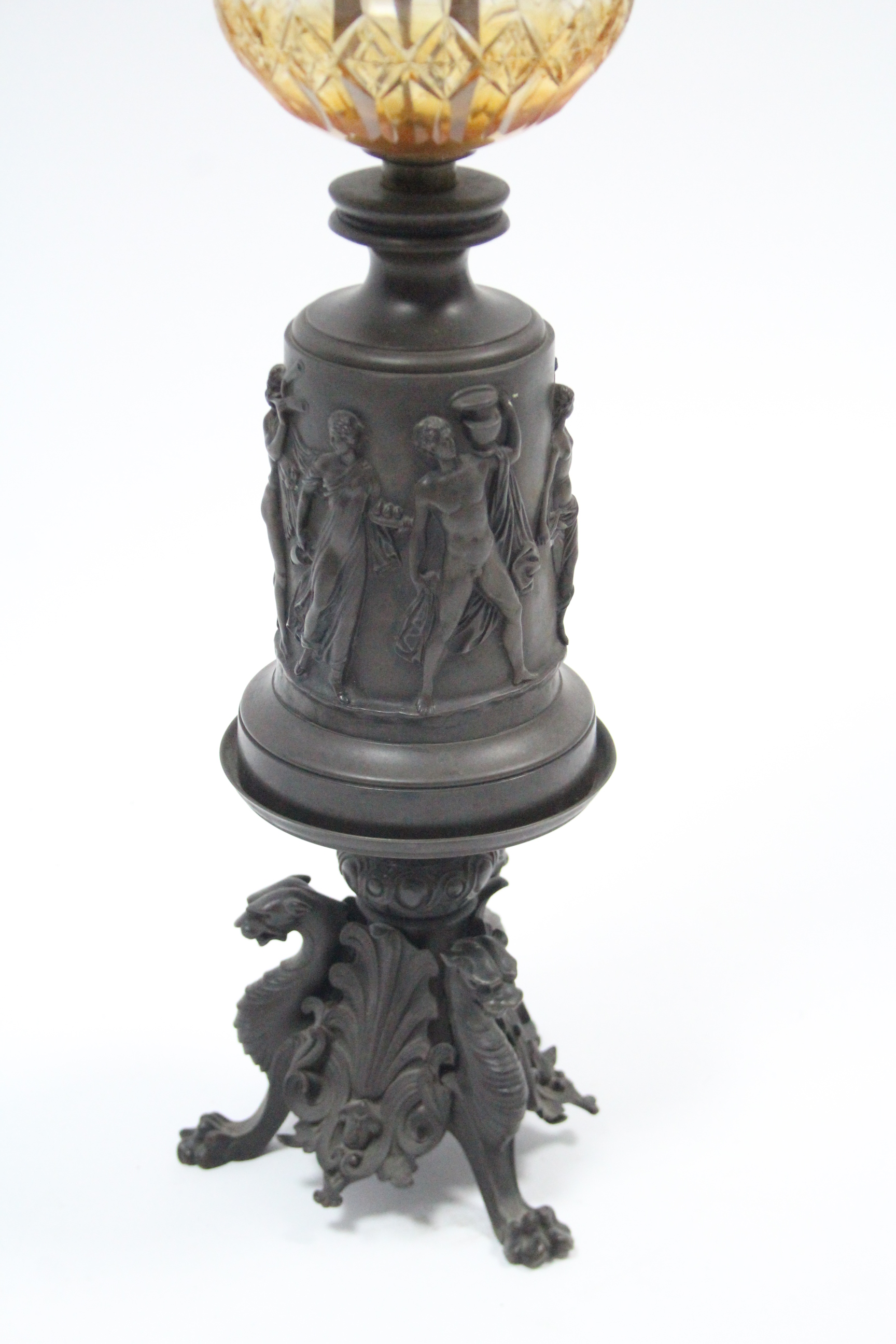 A Victorian bronzed oil table lamp with opaque & clear globular shade, with cut-glass reservoir, - Image 2 of 3