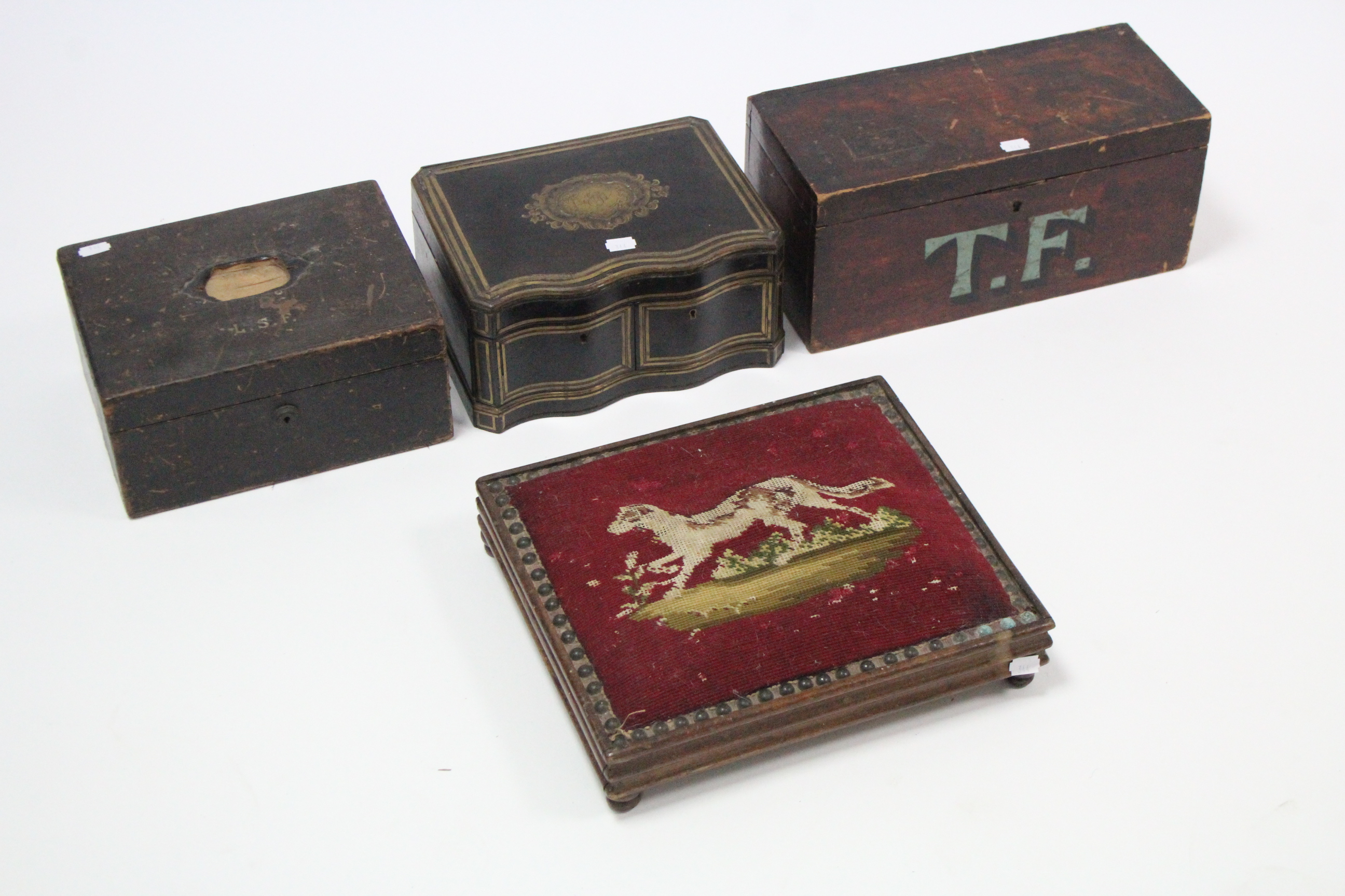 A 19th century brass-inlaid ebonised serpentine front trinket box, 10½” wide; together with two