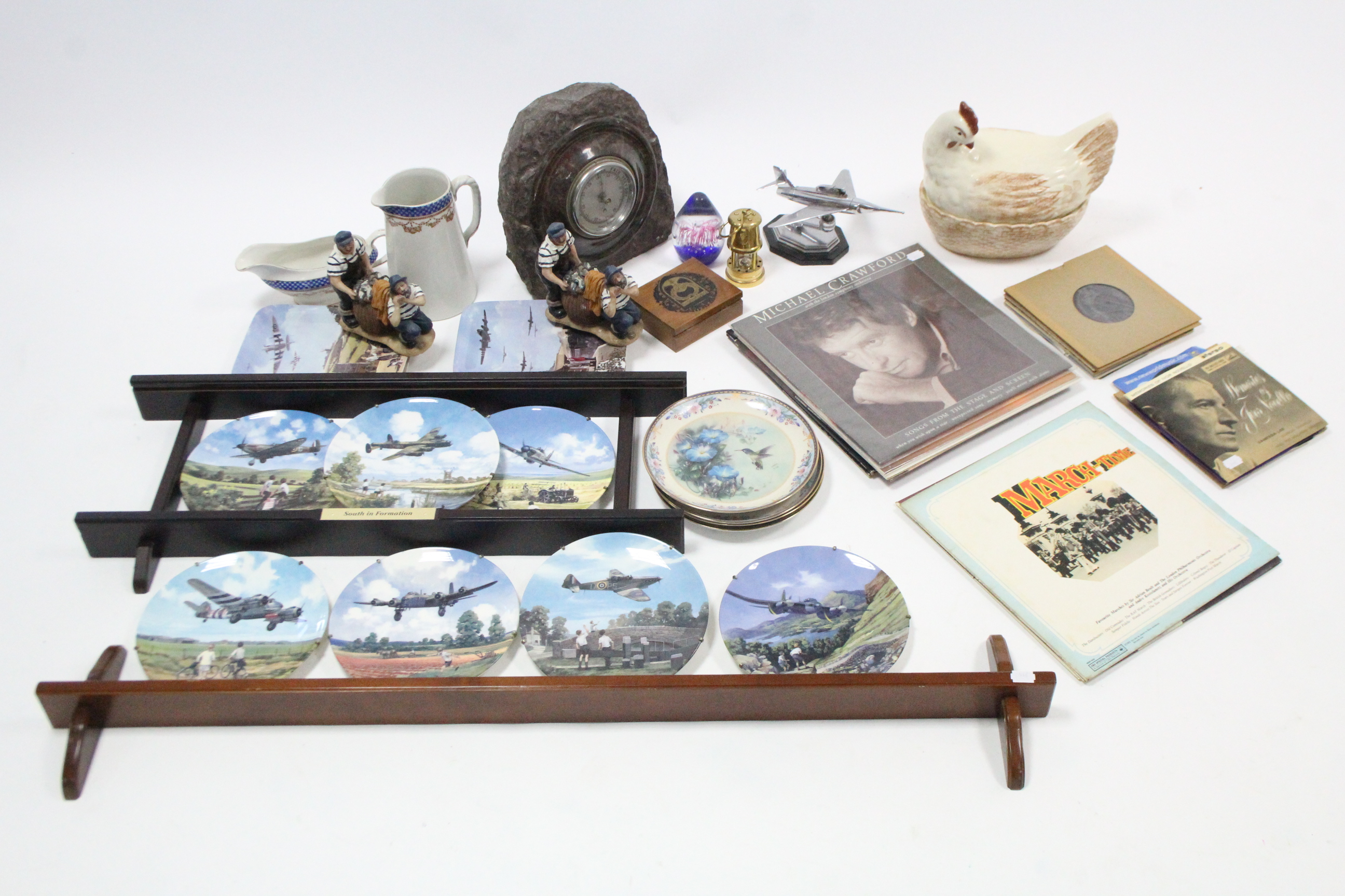 Various collectors plates, with certificates & boxes; a ditto wall shelf; a large barometer; various