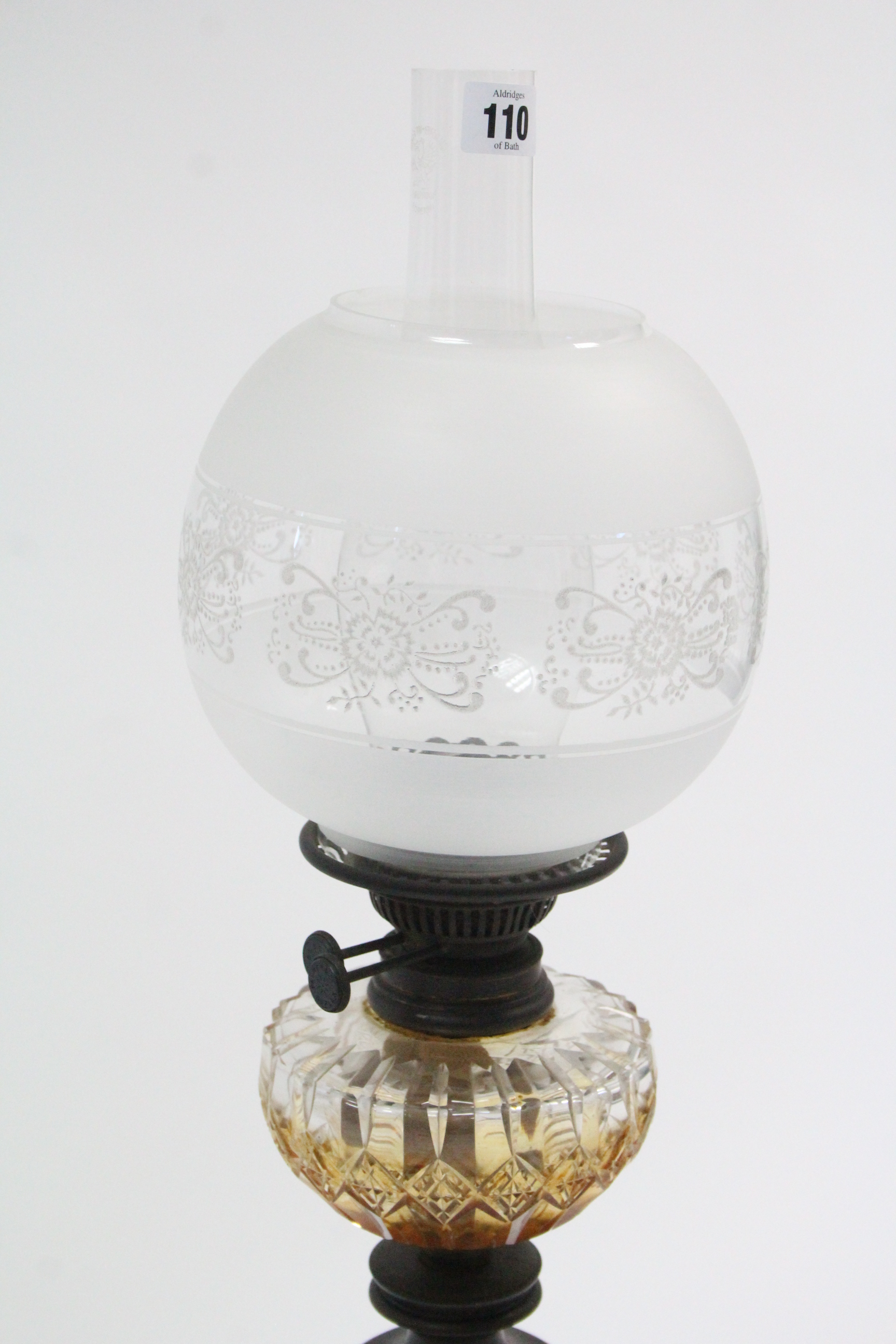 A Victorian bronzed oil table lamp with opaque & clear globular shade, with cut-glass reservoir, - Image 3 of 3