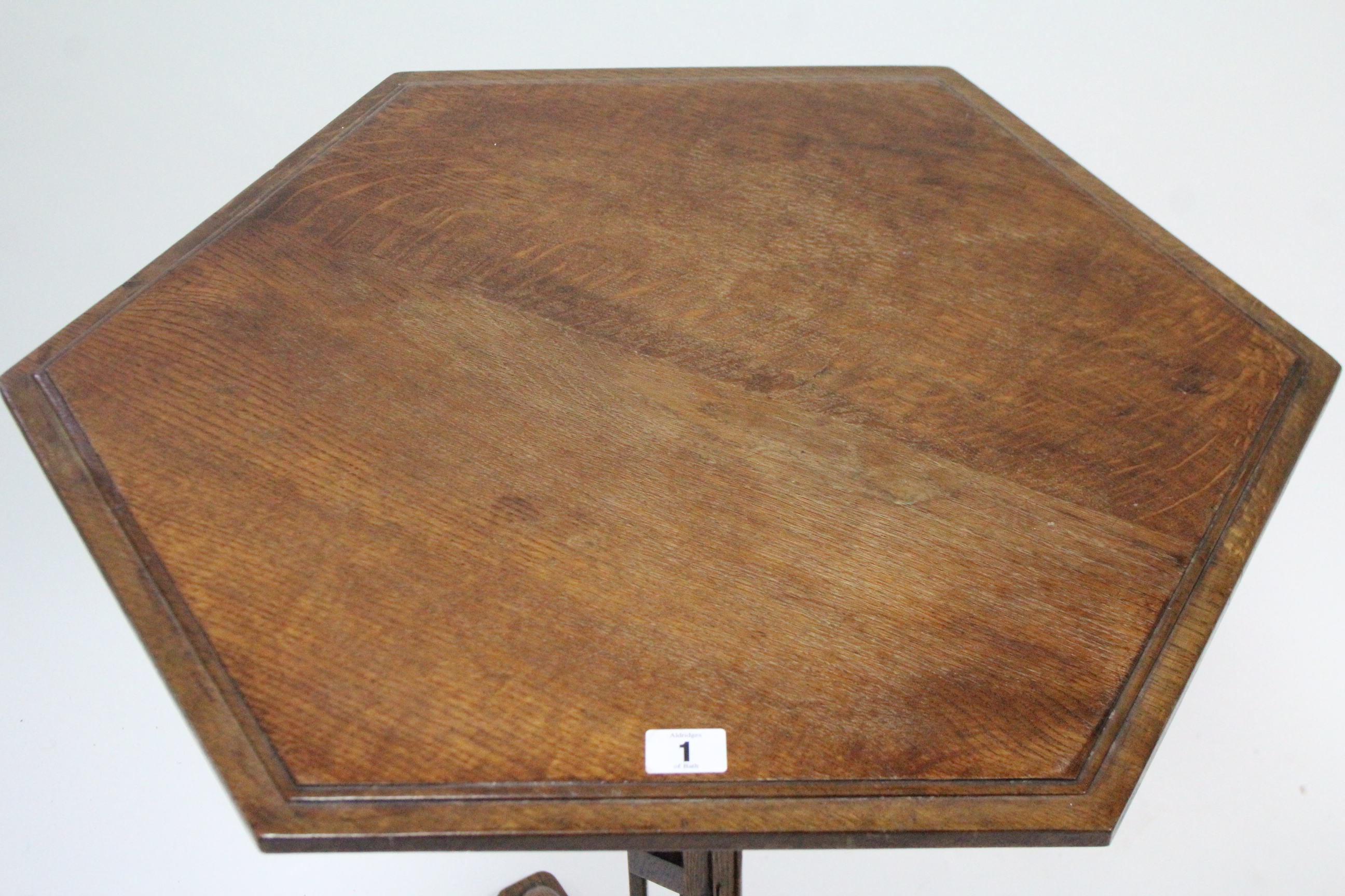 An arts & crafts oak tripod table with moulded edge to the six-sided top, & on pierced centre column - Image 2 of 5