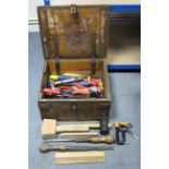 A deal toolbox with hinged lift-lid & with wrought-iron side handles, 18½” wide; together with