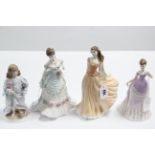 Four Royal Worcester bone china figures “A Royal Anniversary”, “Emily”, “Lullaby”, & “Wistful”.