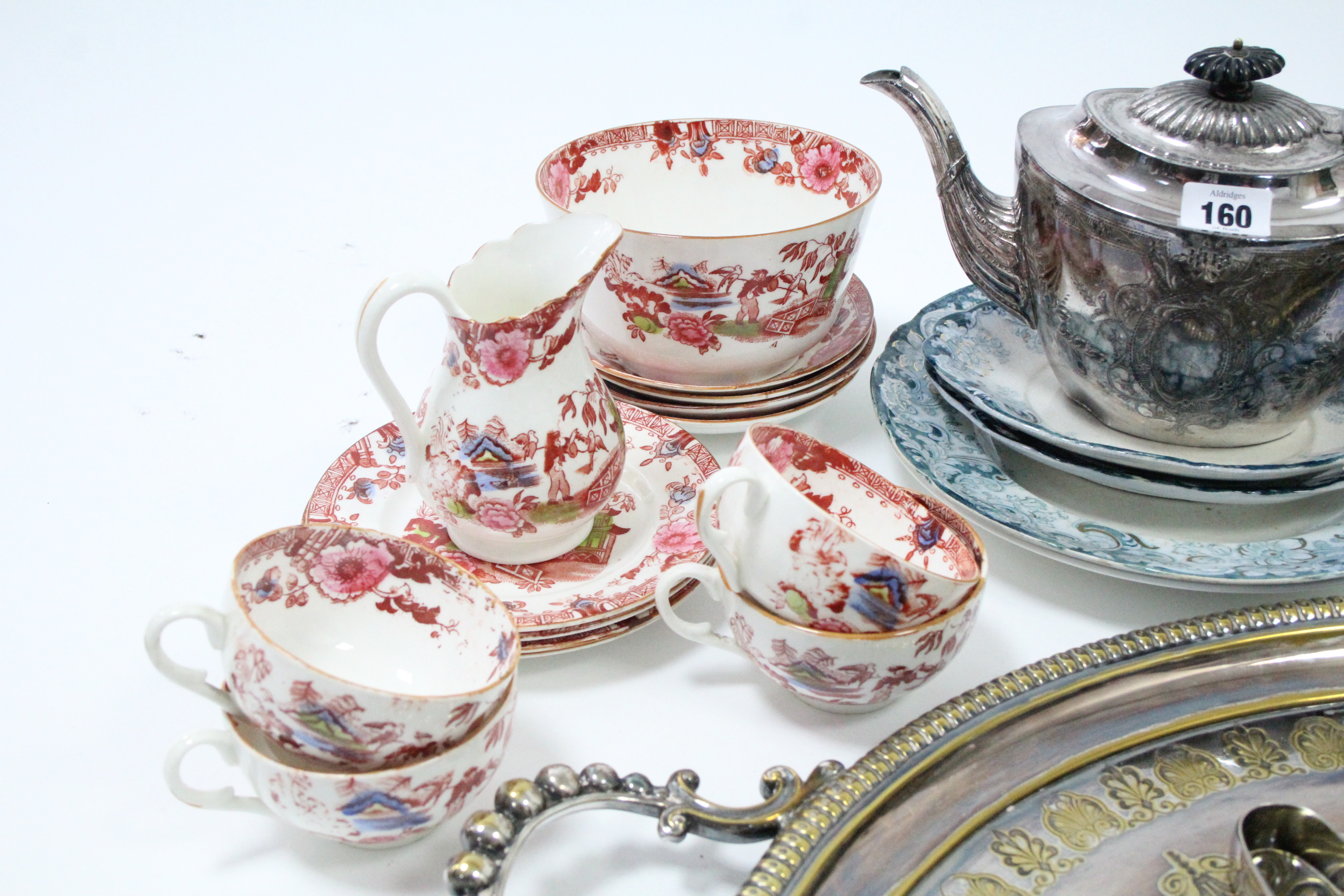 An engraved silver plated oval teapot; a similar oval two-handled tea tray; a plated cake - Image 4 of 5