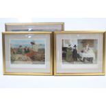 Three modern oil paintings; & three coloured prints, all framed.