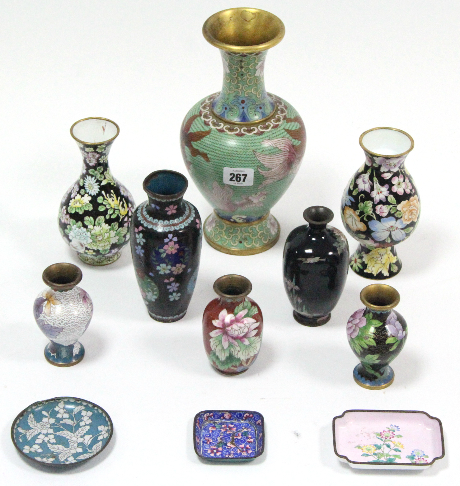 A collection of eight Cloisonne vase; & three ditto pin dishes.