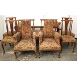 An Edwardian inlaid-mahogany frame seven-piece lounge suite comprising of a chaise longue, 64” long;