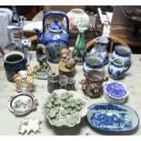 Various items of blue & white ironstone china; & various items of decorative pottery.