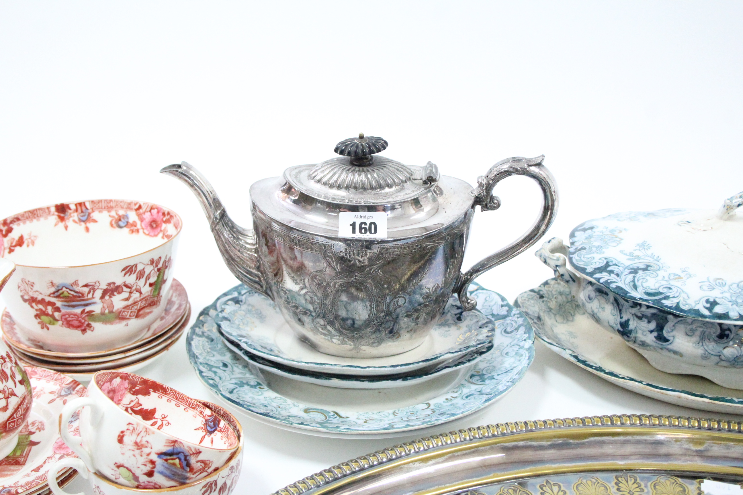 An engraved silver plated oval teapot; a similar oval two-handled tea tray; a plated cake - Image 3 of 5