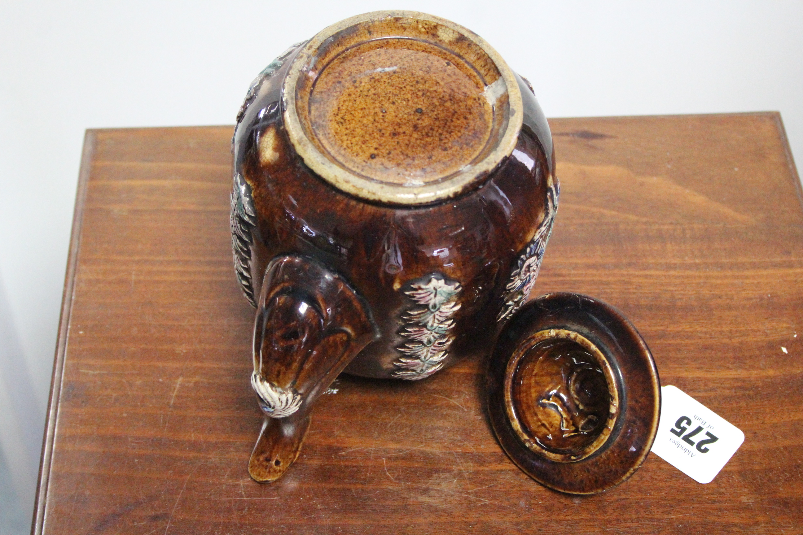 A late 19th century treacle glazed barge ware teapot (1884), 6¾” high; a Quimper ware jardinière, 6” - Image 4 of 4