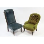 A Victorian buttoned-back nursing chair upholstered pale green velour, & on short turned legs with