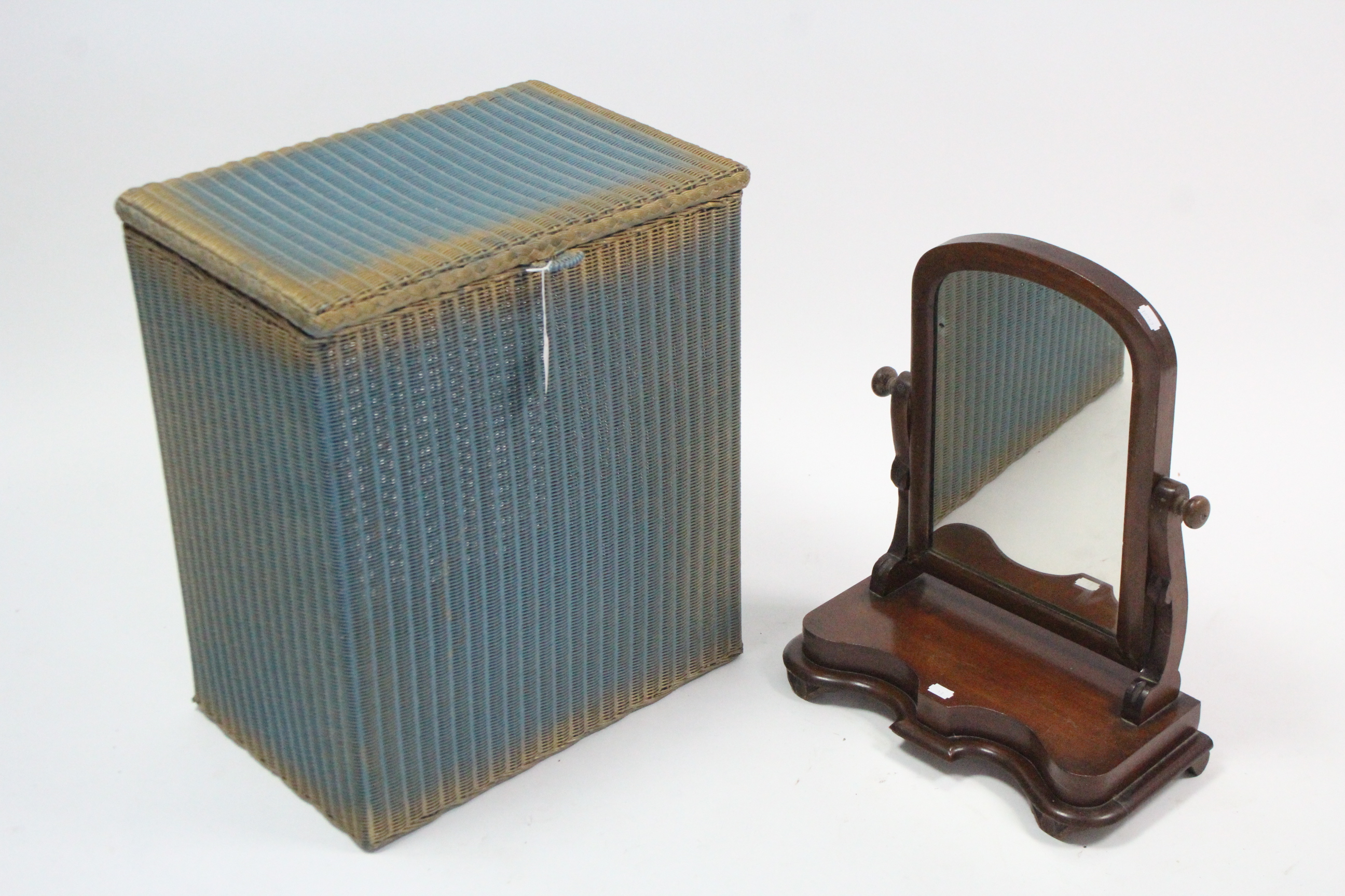 A Lusty’s Lloyd Loom blue & gold painted linen box; & a late 19th/early 20th century mahogany