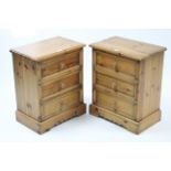 A pair of pine three-drawer bedside chests each on shaped plinth base, 19” wide.