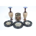 A pair of Doulton Lambeth Slaters patent ovoid vases, 11” high; a Royal Doulton stoneware tobacco