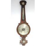 An early 19th century mahogany banjo barometer with 9½” diam. silvered dial, inset hygrometer,