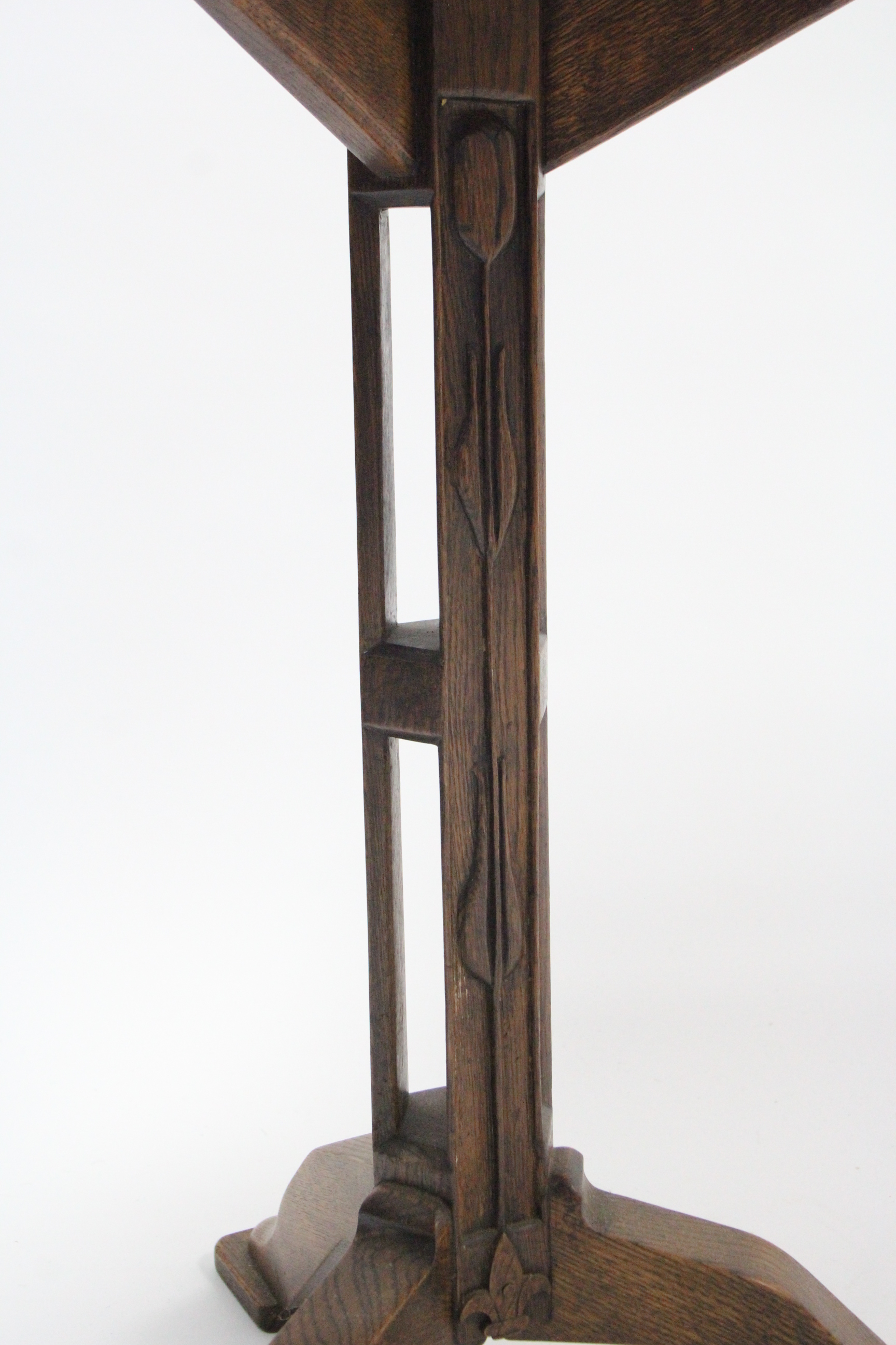 An arts & crafts oak tripod table with moulded edge to the six-sided top, & on pierced centre column - Image 3 of 5