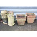 A pair of terracotta garden jardinières of square tapered form, 17” wide x 17” high; & two