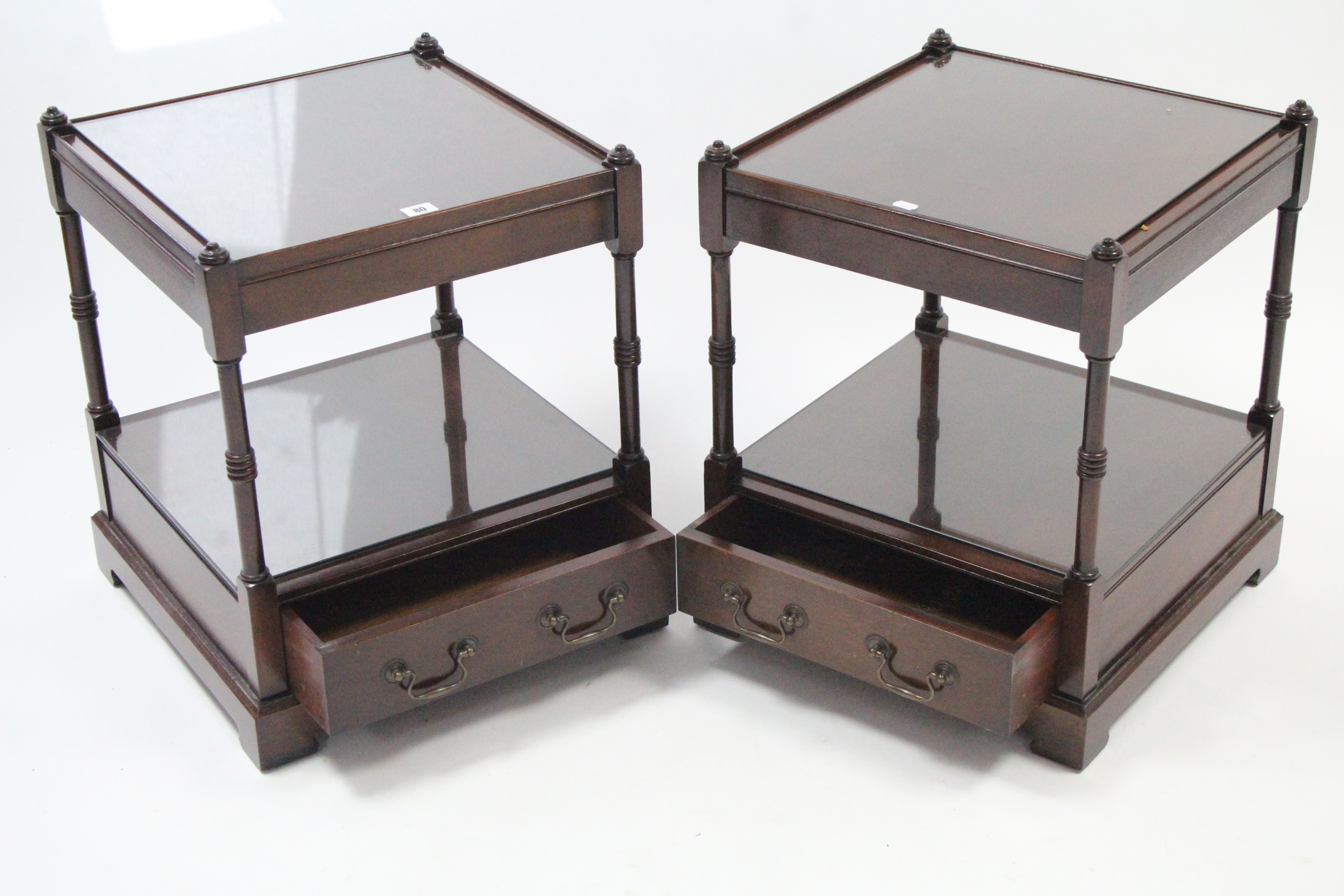 A pair of reproduction mahogany square two-tier occasional tables, each fitted drawer to the lower - Image 2 of 2