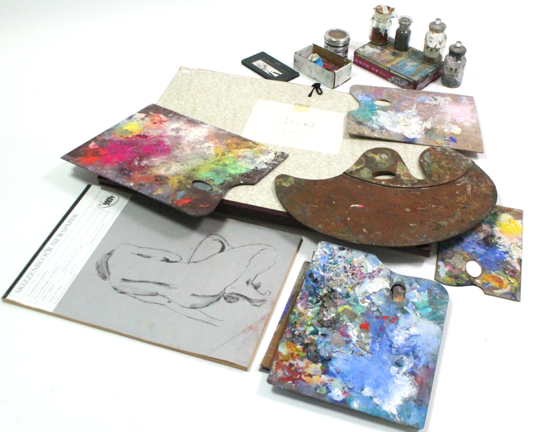 Various artist’s canvases; mounts; paints etc.