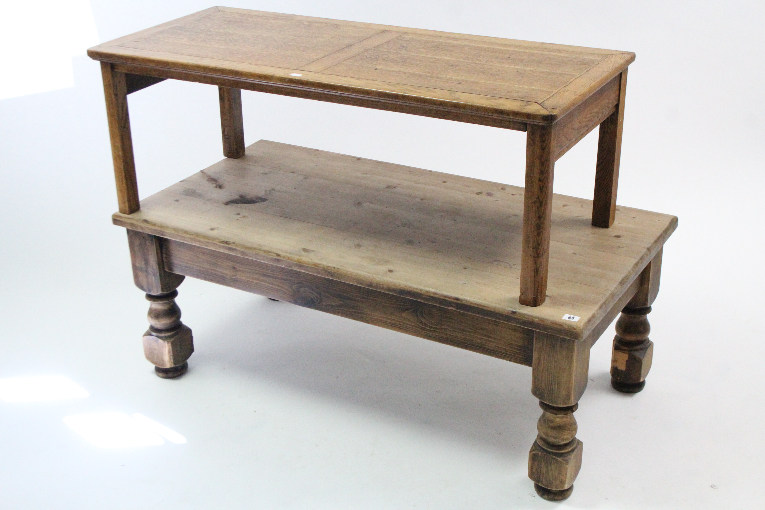 A pine rectangular low coffee table on short turned legs, 48” wide; an oak rectangular low coffee - Image 2 of 4