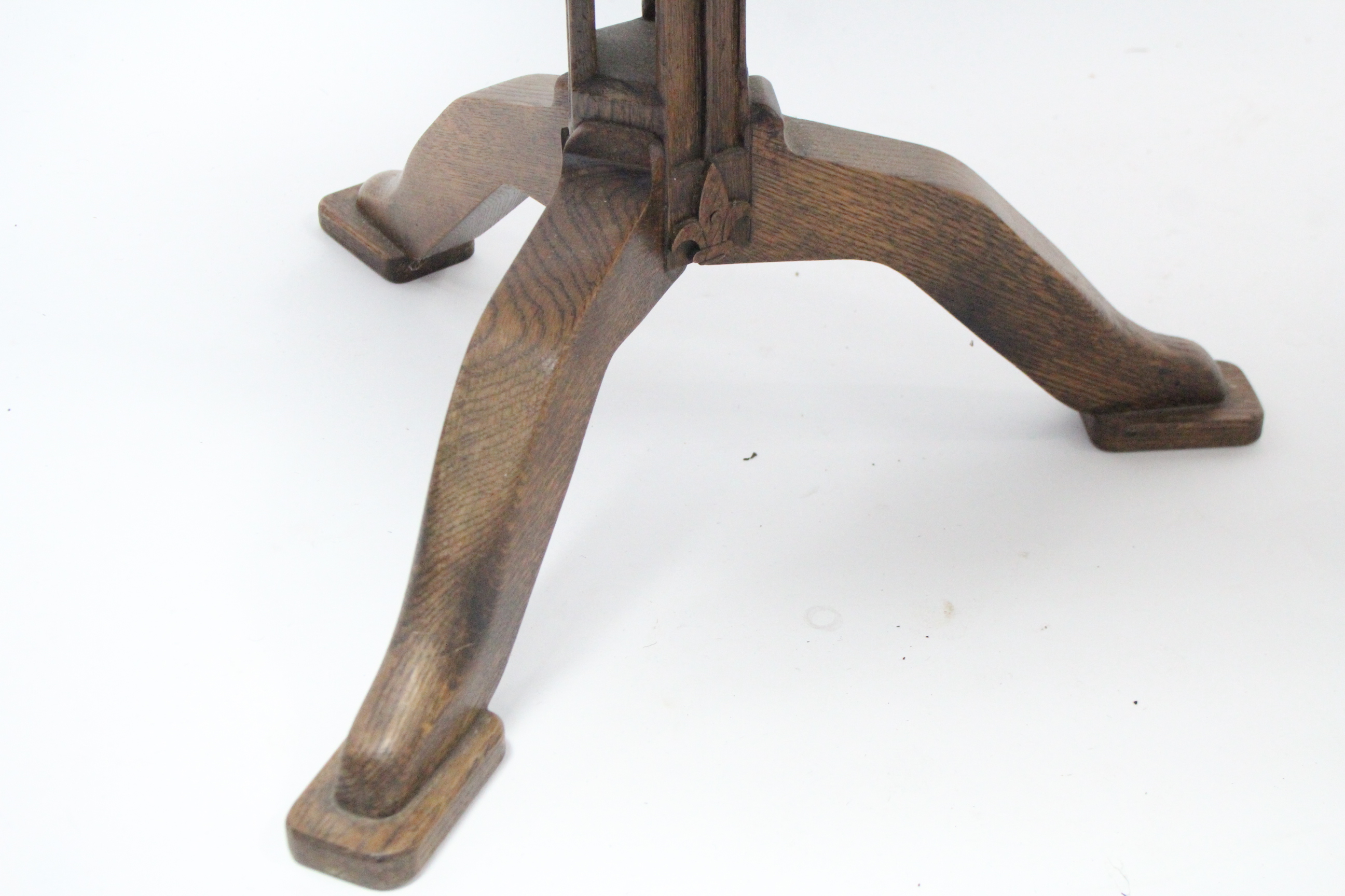 An arts & crafts oak tripod table with moulded edge to the six-sided top, & on pierced centre column - Image 4 of 5