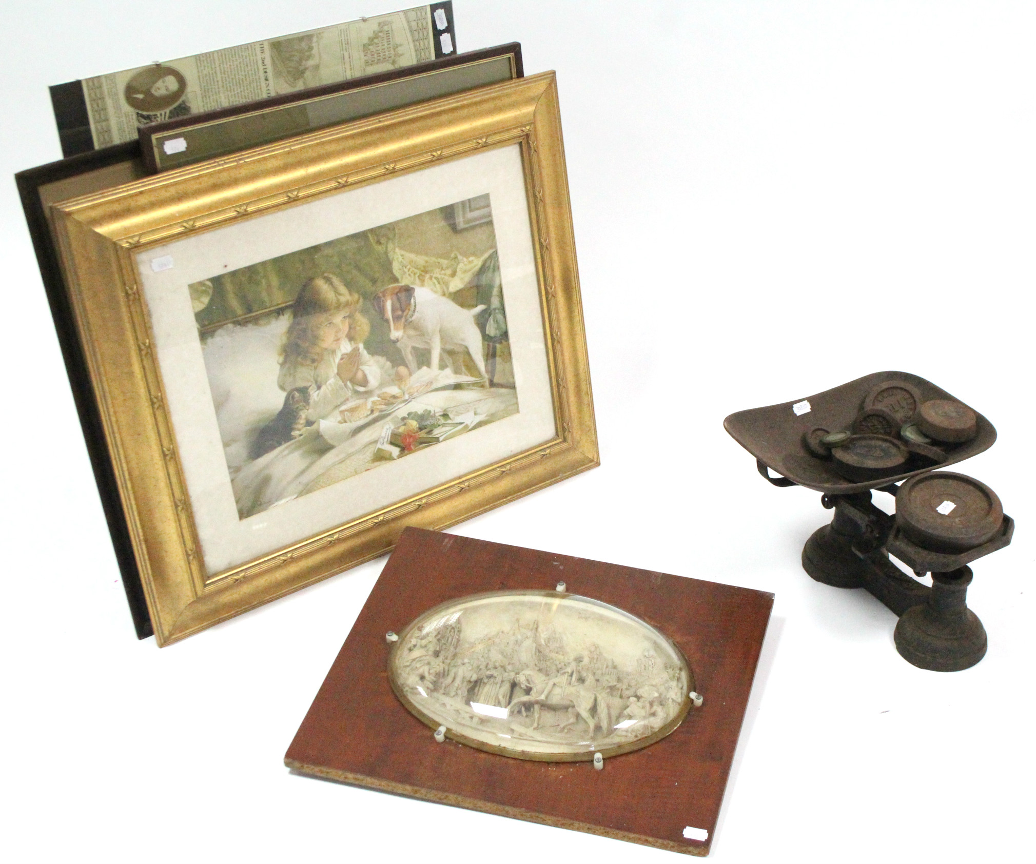 Eight decorative pictures; a composition oval wall plaque; & a set of kitchen scales, with weights.