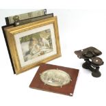 Eight decorative pictures; a composition oval wall plaque; & a set of kitchen scales, with weights.