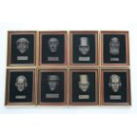 A set of eight modern French composition plaques of vintage cricketers, each in gilt frame.