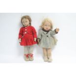 Two Lenci-type cloth girl dolls, both dressed, both 14” tall.