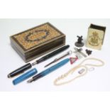 A De La Rue fountain pen; an Osmiroid fountain pen; various badges, etc.