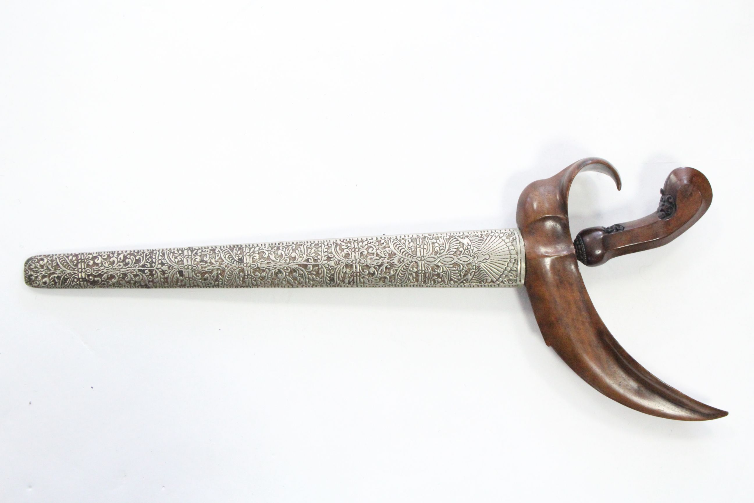 An eastern kriss with 13¼” long blade, with treen handle & engraved white-metal sheath. - Image 3 of 4