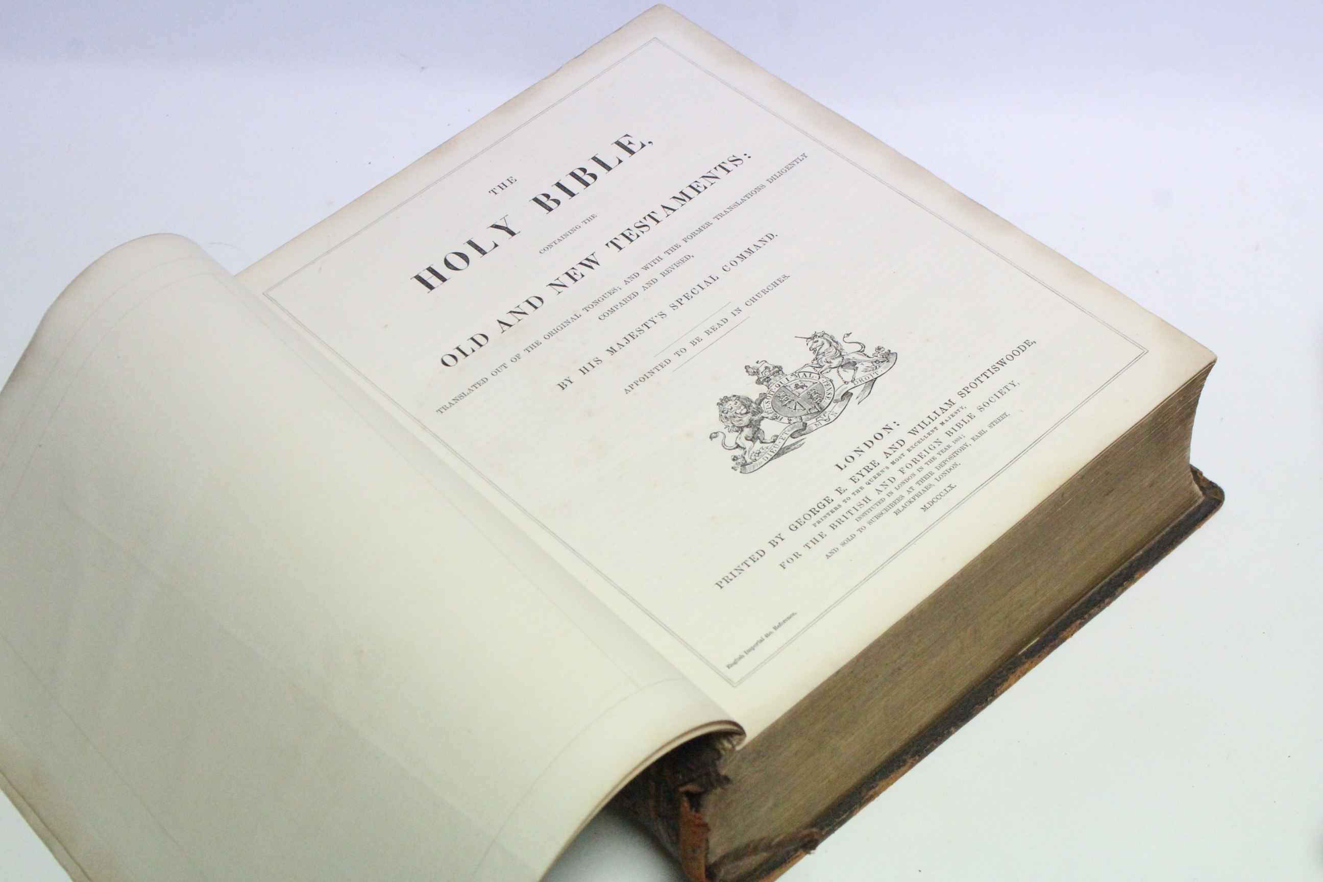 A mid-19th century Holy Bible printed by Eyre & Spottiswoode; & a leather-bound volume “The - Image 3 of 4