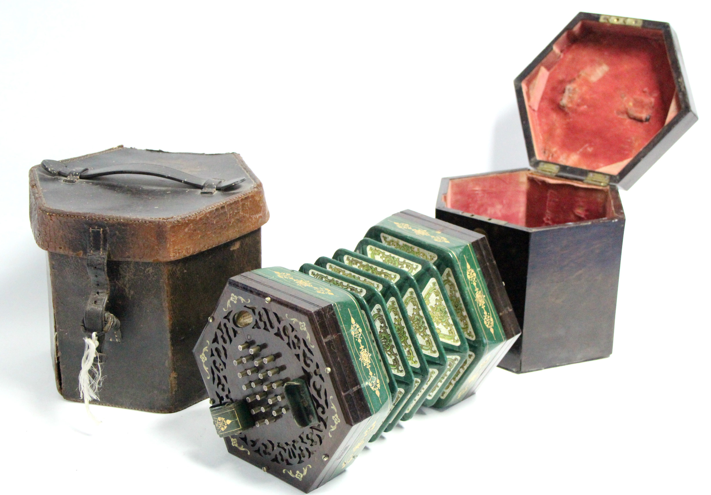 A MID-19th CENTURY ROSEWOOD CONCERTINA, BEARS LABEL: “C. WHEATSTONE 20 CONDUIT ST, LONDON” with