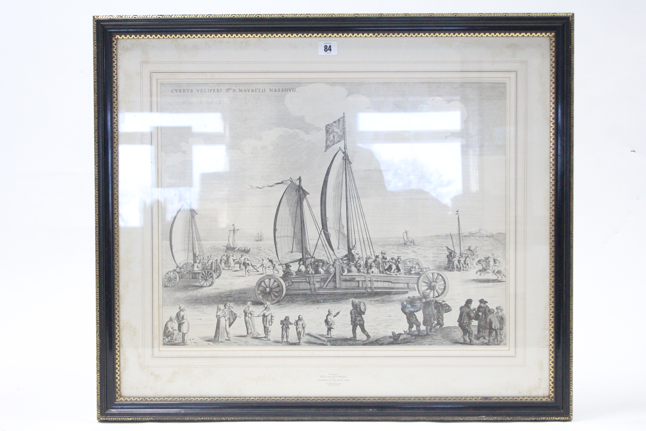 A large black & white etching depicting a 19th century coastal landscape with numerous sailing