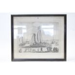 A large black & white etching depicting a 19th century coastal landscape with numerous sailing