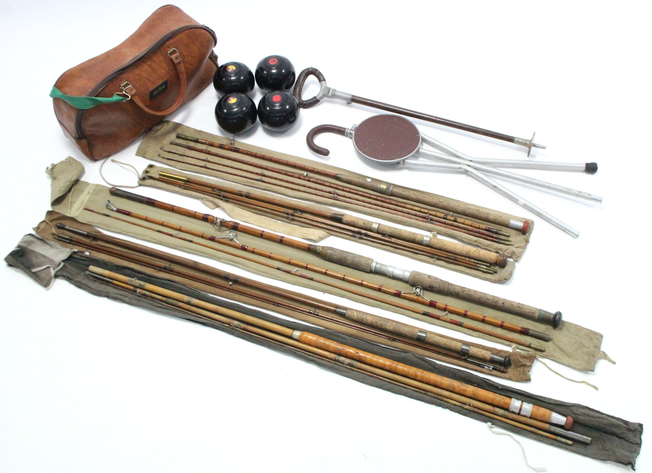 Five cane fishing rods; two shooting sticks; & a set of four lawn bowls.