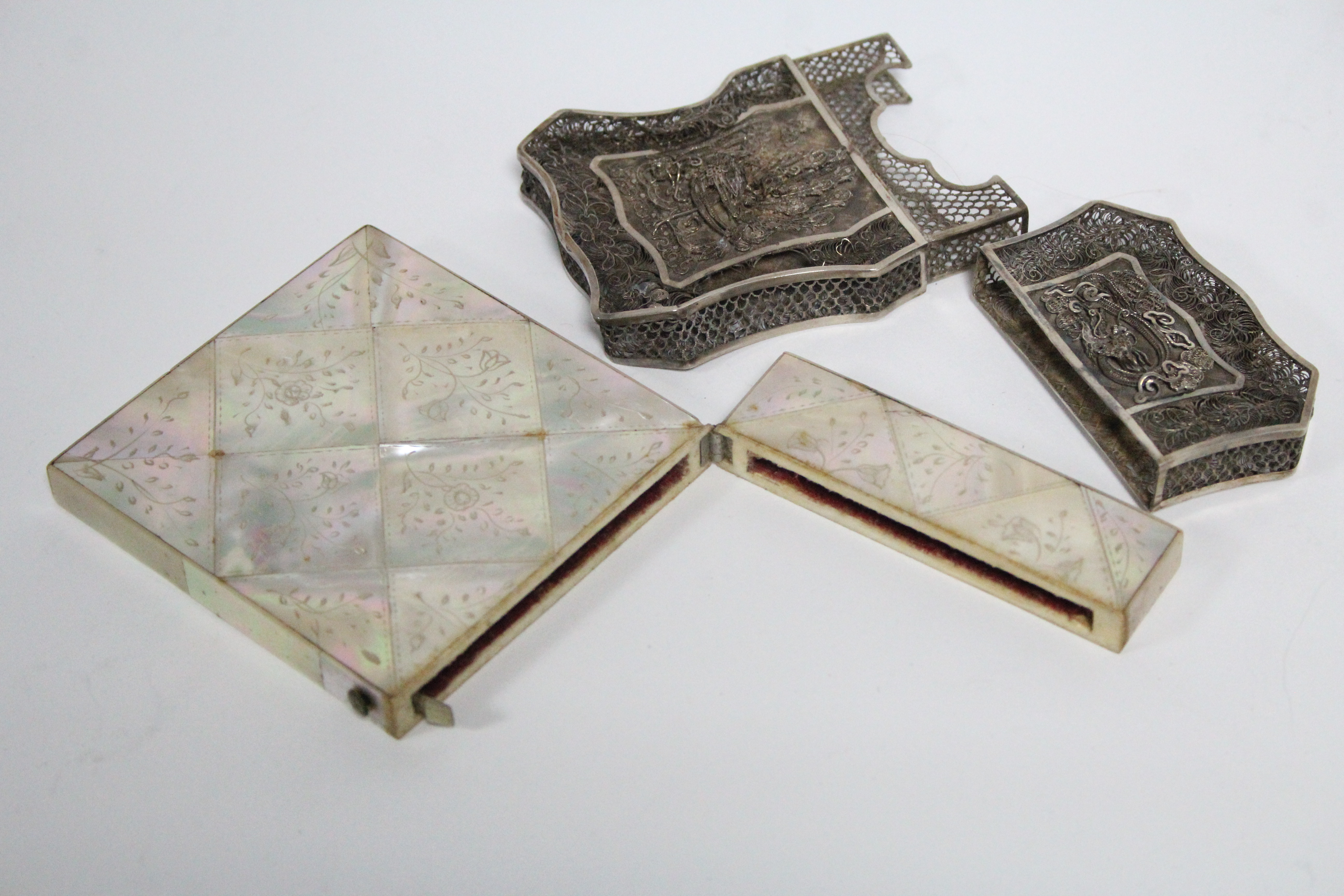A 19th century engraved mother-of-pearl flat rectangular card case; a tortoiseshell ditto; & a - Image 2 of 2
