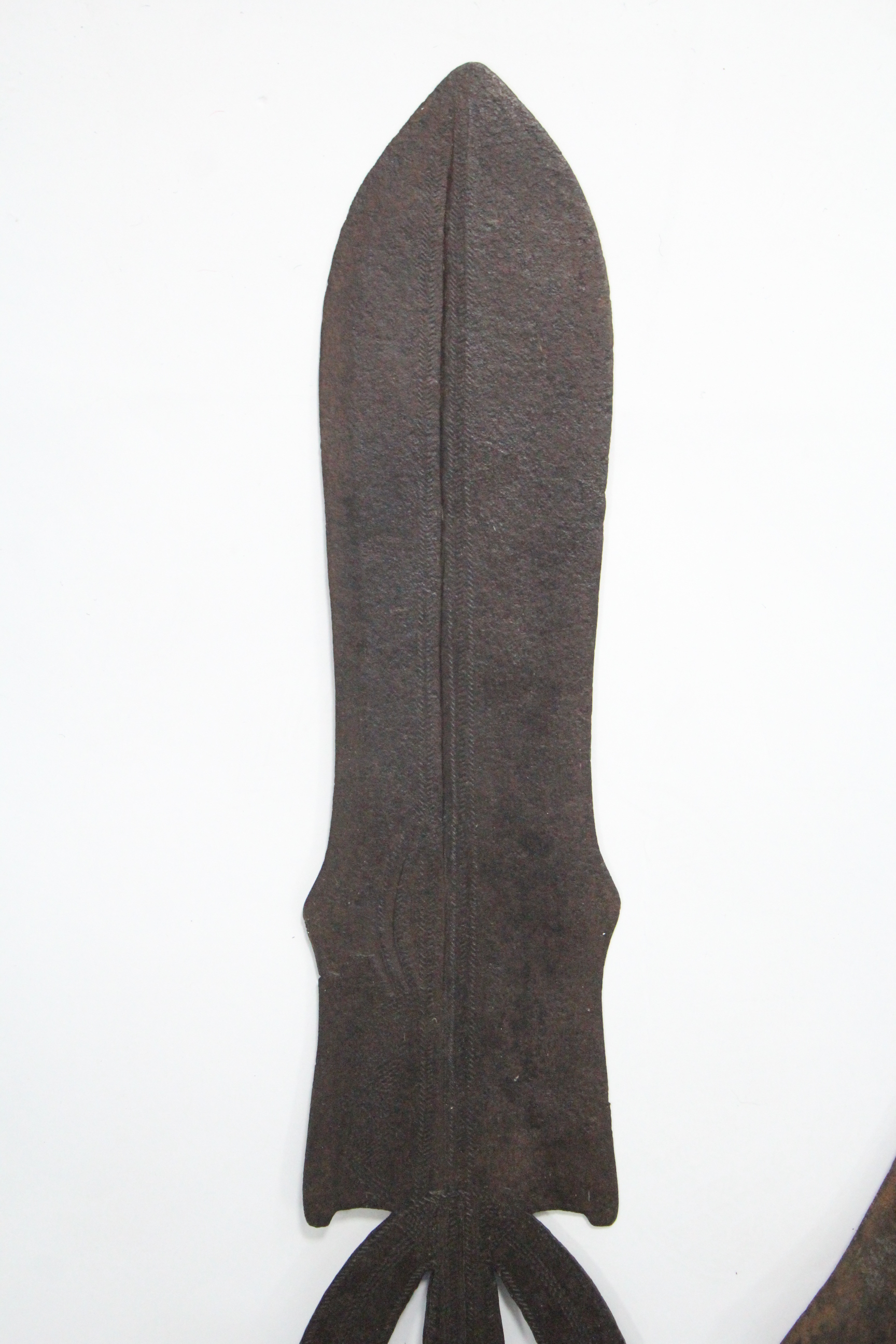 A Congolese ceremonial dagger, the pierced blade with tooled “herringbone” decoration, & with carved - Image 3 of 7