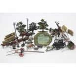 A QUANTITY OF BRITAINS PAINTED LEAD FARM MODELS INCLUDING FARMERS, MACHINER, TREES, ETC., all un-